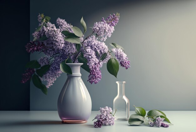 Bouquet de lilas dans un vase sur une table dans une pièce minimale blanche