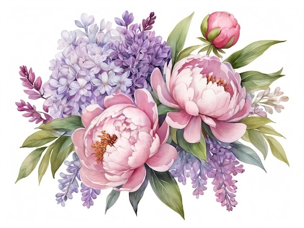 Bouquet de lilas et de péonies dans le style d'une peinture à l'aquarelle isolée sur un fond blanc