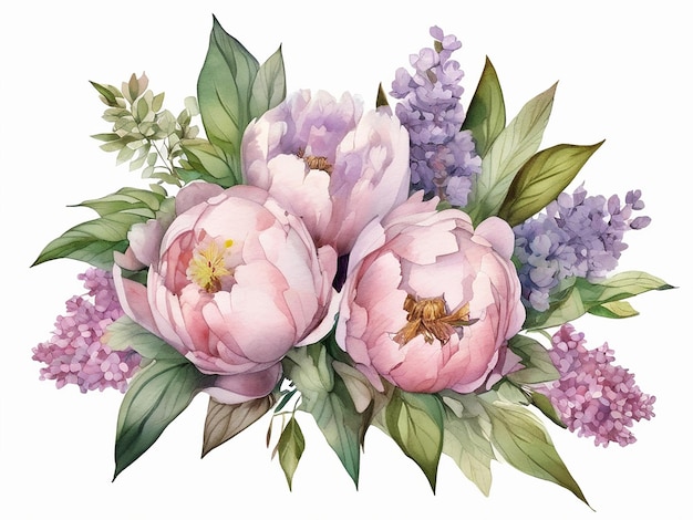 Bouquet de lilas et de péonies dans le style d'une peinture à l'aquarelle isolée sur un fond blanc