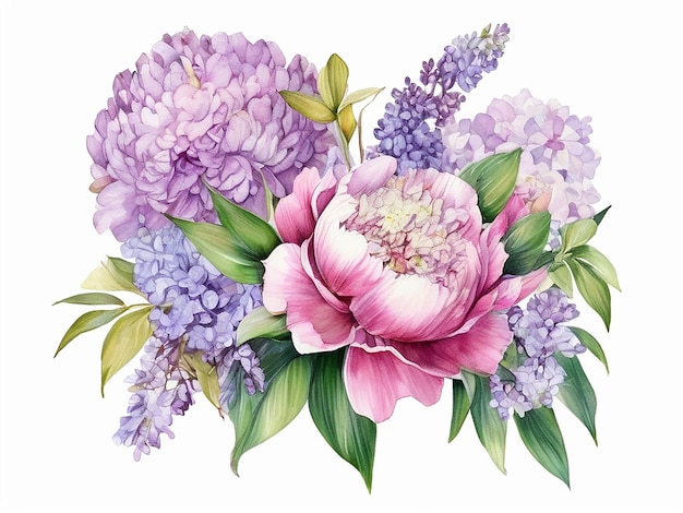 Bouquet de lilas et de péonies dans le style d'une peinture à l'aquarelle isolée sur un fond blanc