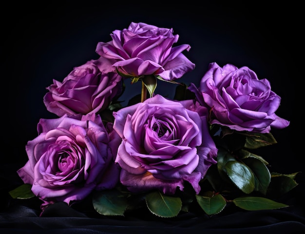 bouquet de lisianthus bleu violet macro vintage fine art nature morte de fleurs bourgeons tiges vertes fond noir dans le style de peinture créé avec la technologie d'IA générative