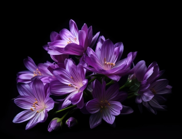 bouquet de lisianthus bleu violet macro vintage fine art nature morte de fleurs bourgeons tiges vertes fond noir dans le style de peinture créé avec la technologie d'IA générative