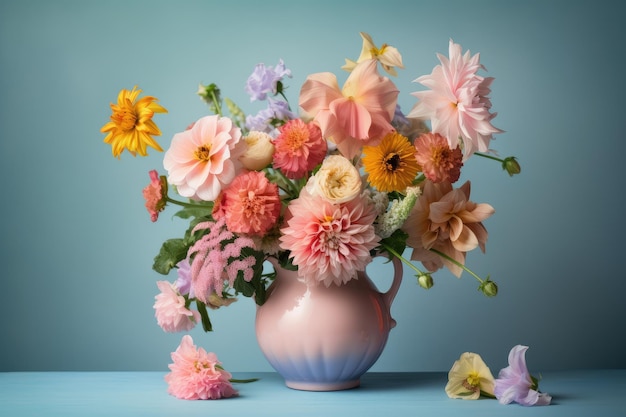 Bouquet lumineux de fleurs pastel dans un vase délicat créé avec une IA générative