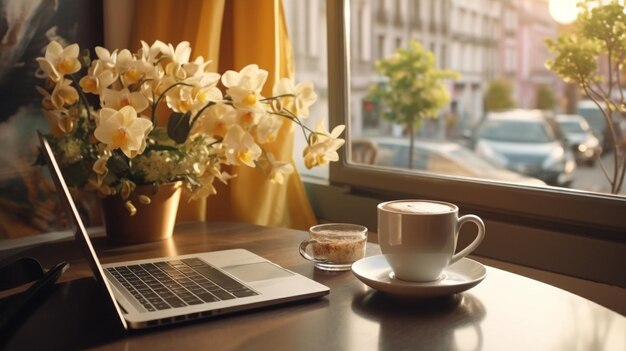 bouquet de luxe de petites roses posé sur une table en bois dans un café entre un café cappuccin et une IA générative