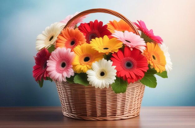 Bouquet luxuriant de gerberas multicolores dans un panier généré par l'IA