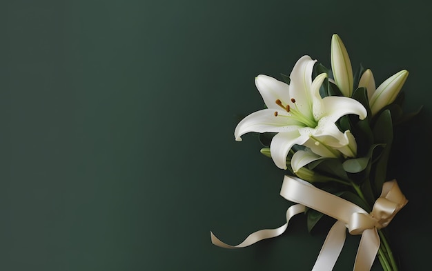 Un bouquet de lys blancs avec un ruban sur fond vert