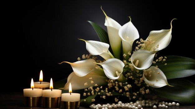 Photo un bouquet de lys calla blancs avec des feuilles vertes et quatre bougies allumées sur un fond noir