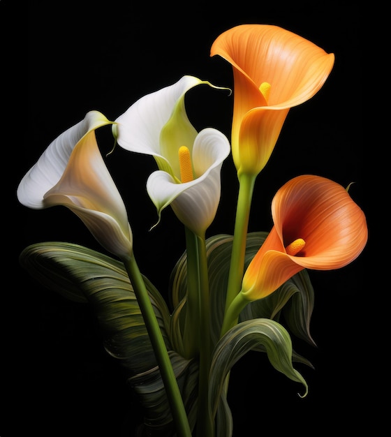 Photo bouquet de lys de calla sur fond noir