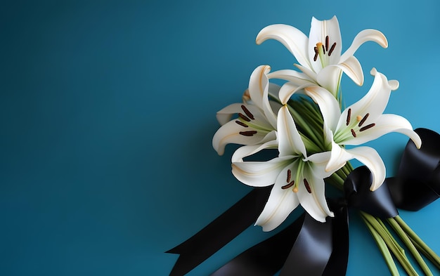 Photo un bouquet de lys avec un ruban noir sur fond bleu.