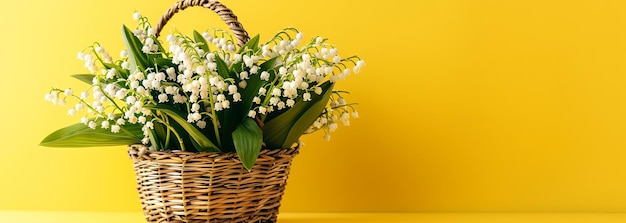 Bouquet de lys de la vallée frais au printemps dans un panier en osier sur fond jaune