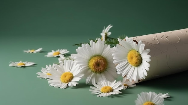 Bouquet de marguerites et un carnet sur fond vert IA générative