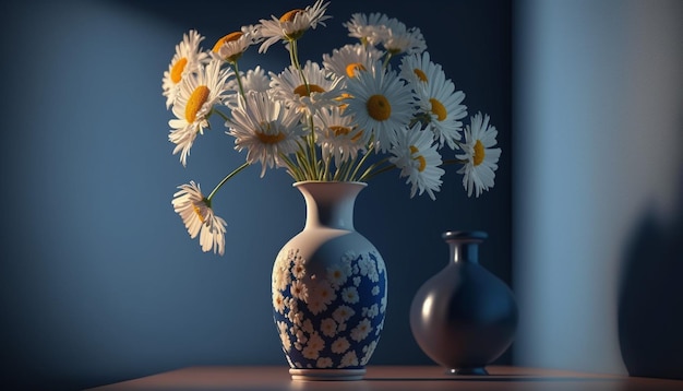 Bouquet de marguerites dans un vase sur la table de chevet contre le mur bleu