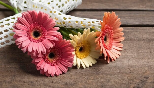 Un bouquet de marguerites sur du vieux bois avec un ruban de broderie