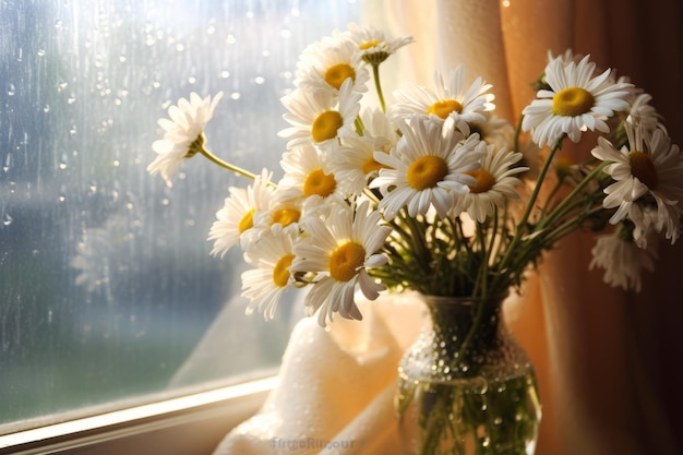 Bouquet de marguerites sur le rebord de la fenêtre AI générative