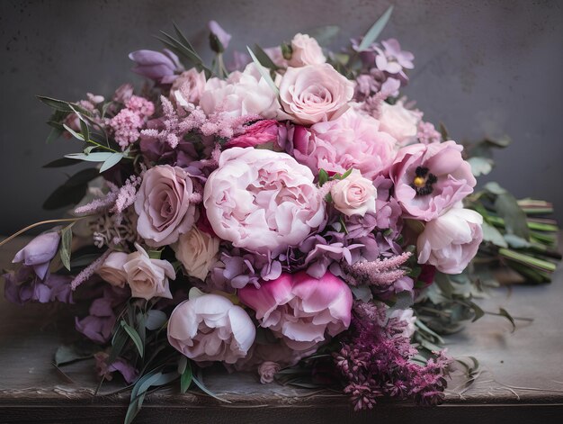 Un bouquet de mariage avec de belles fleurs et de la verdure dans des nuances de rose et de pourpre
