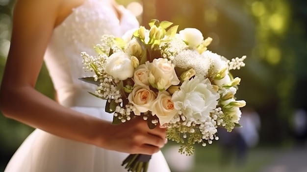 Bouquet de mariage entre les mains de la mariée et du marié le jour du mariage Closeup AI générative