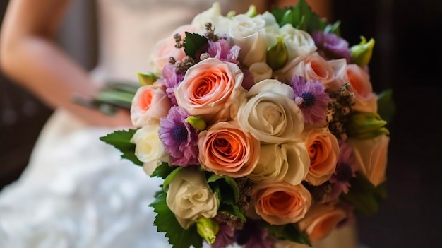 Un bouquet de mariage de roses est tenu par la mariée