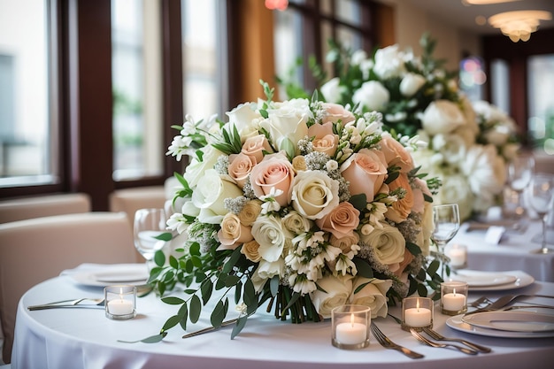 Bouquet de mariage sur table xaw déco de table de mariage au restaurantx9