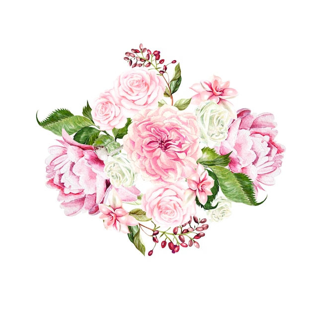 Bouquet de mariée aquarelle avec illustration de pivoine rose et de baies