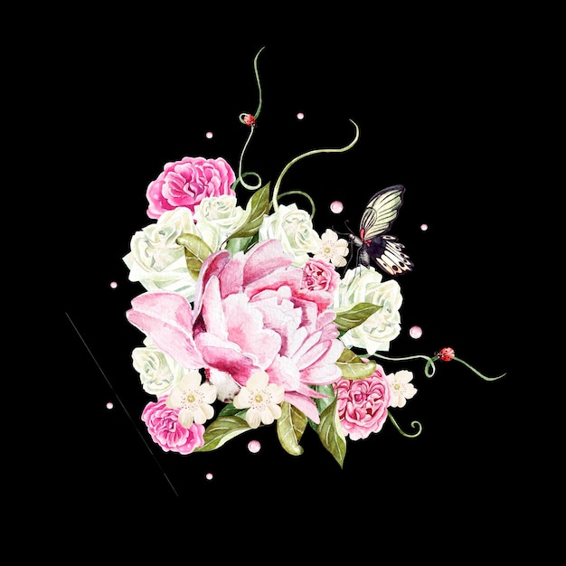 Bouquet de mariée aquarelle avec rose et pivoine
