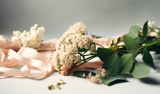 Bouquet de mariée blanc simple et fond de ruban sur fond blanc