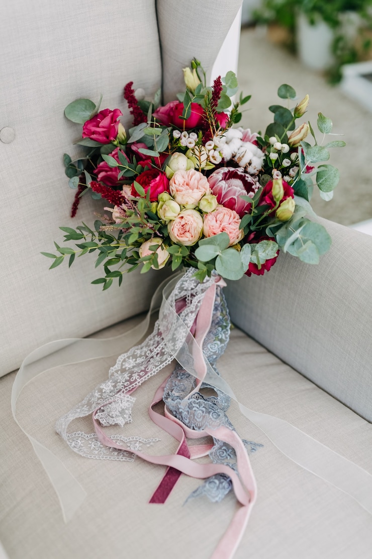 Photo bouquet de mariée dans les tons bordeaux et rose, avec des rubans de dentelle.