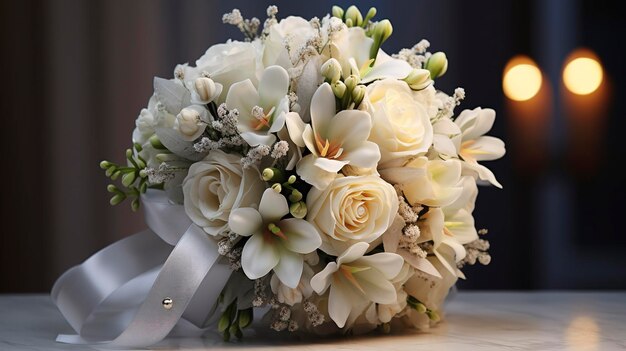 un bouquet de mariée est orné de roses blanches