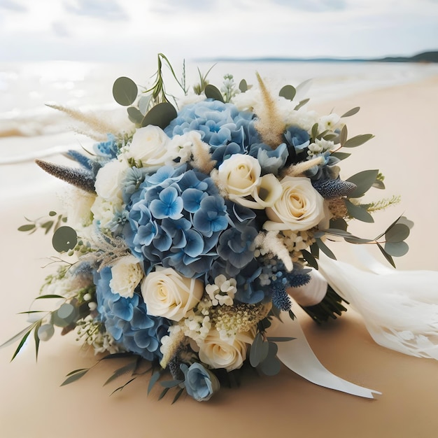 Photo un bouquet de mariée est posé sur une plage