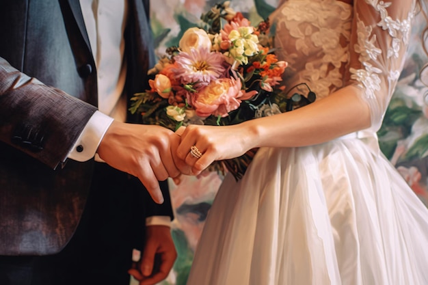 Bouquet de mariée fleur couple marié main dans la main