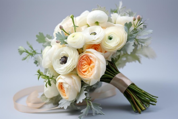 Bouquet de mariée de roses blanches avec des roses oranges et roses.