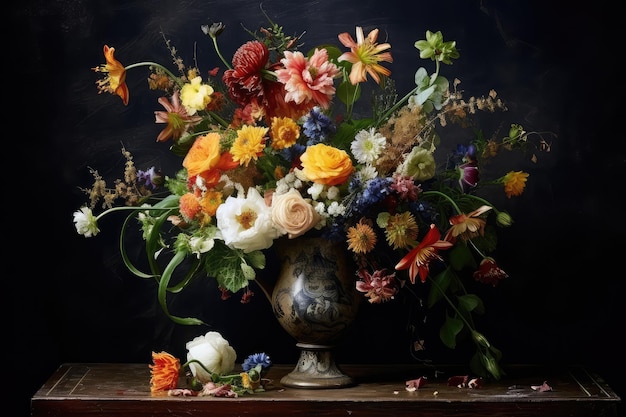 Bouquet de natures mortes de fleurs dans un vase vintage Fleurs sauvages Maîtres hollandais anciens Peinture à l'huile Imitation de toile Abstrait Illustration générative AI