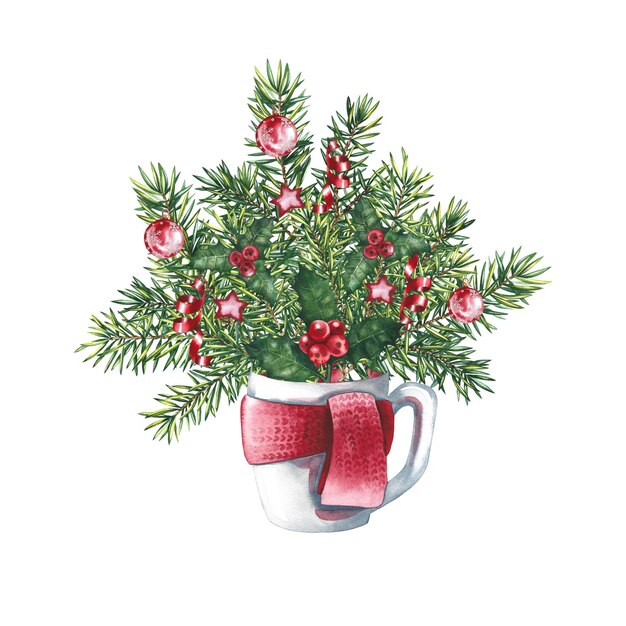 Bouquet de Noël dans une tasse avec une écharpe. Illustration aquarelle.