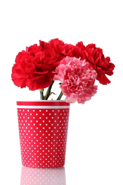 Bouquet d'oeillets dans un verre isolé sur blanc