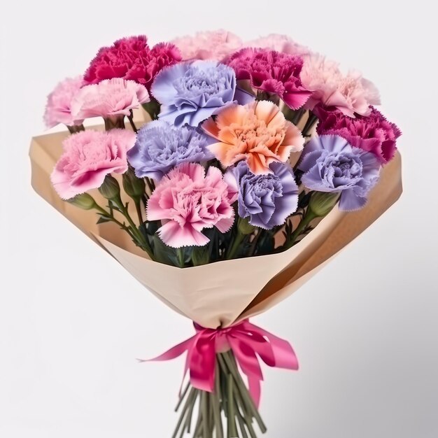 Bouquet d'œillets multicolores de teintes douces violettes et roses