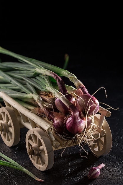 Bouquet d'oignons verts frais sur un chariot en bois