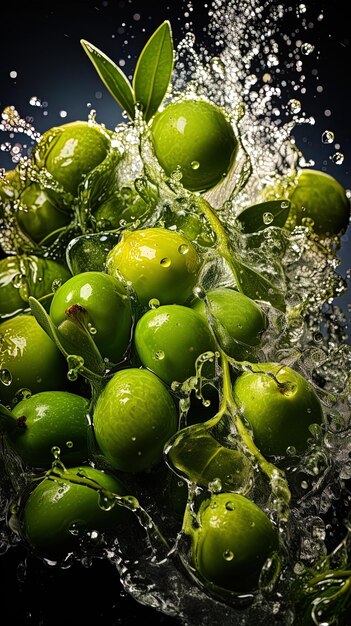 Photo un bouquet d'olives vertes est pulvérisé avec de l'eau