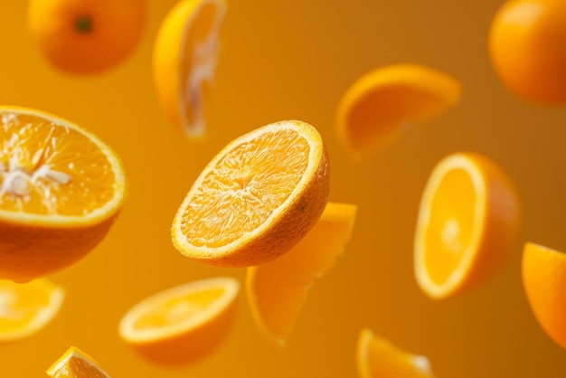 un bouquet d'oranges est coupé en tranches et tombe en l'air généré par l'IA