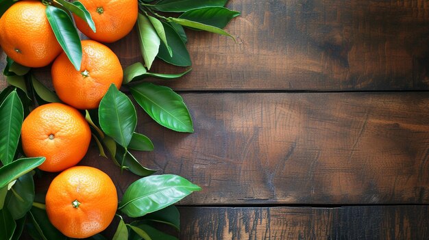 un bouquet d'oranges avec des feuilles sur une surface en bois