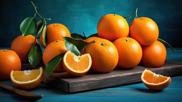 Bouquet d'oranges fraîches sur une planche à découper en bois Généré ai