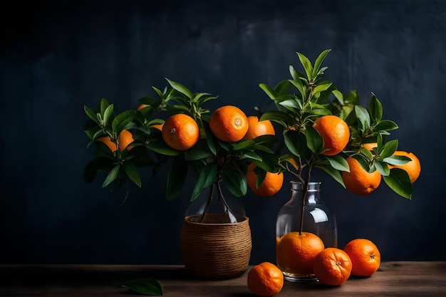 un bouquet d'oranges sont sur une table avec une bouteille d'orange