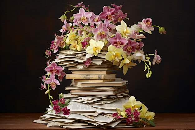 Photo bouquet d'orchidées disposé sur une pile de disques vinyles vintage pour une ambiance rétro