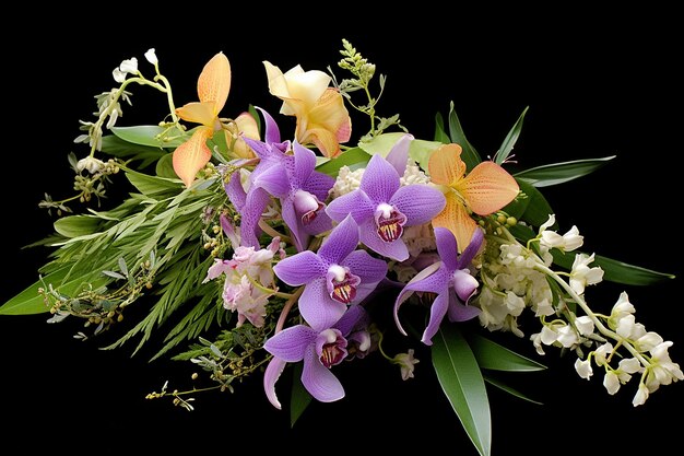 Photo bouquet d'orchidées avec des fleurs sauvages et des herbes