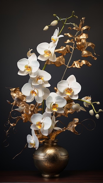 un bouquet d'orchidées sur fond doré et blanc.