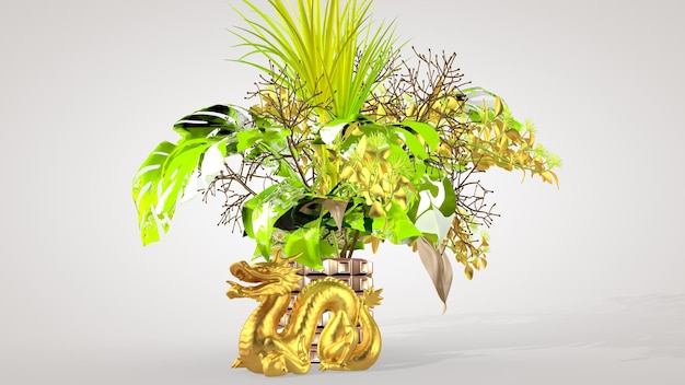 Bouquet oriental luxueux et dragon chinois symbole du bien-être design d'intérieur rendu 3D