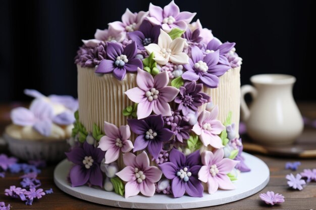 Bouquet de pâtisseries, gâteau blanc aux fleurs violettes
