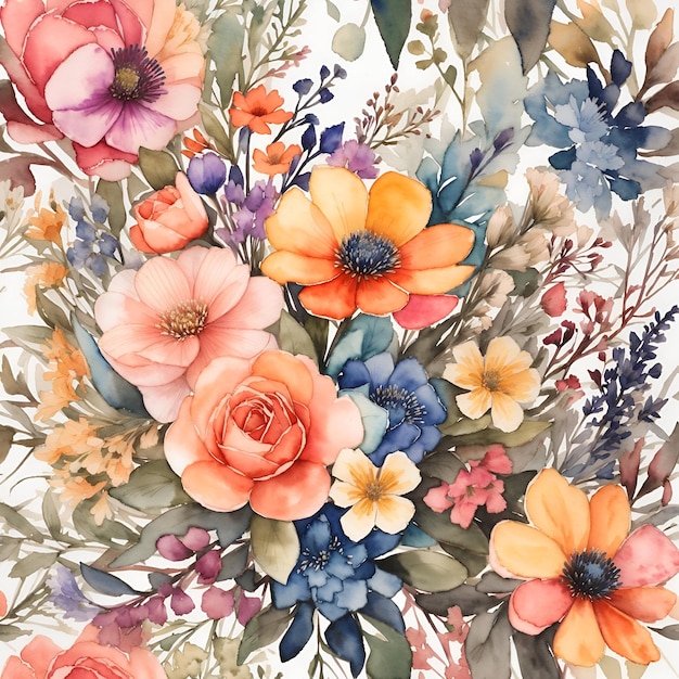 Un bouquet de peinture à l'aquarelle avec un design de fleurs colorées vibrantes généré par l'IA