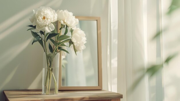 Bouquet de péonies blanches dans un vase en verre avec un miroir