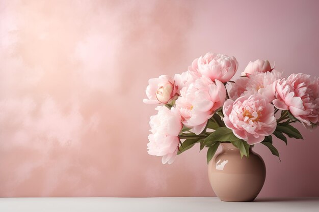 Bouquet de péonies dans un vase sur un fond de studio avec un espace de copie comme concept de carte de vœux