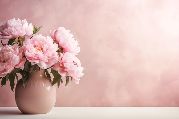 Bouquet de péonies dans un vase sur un fond de studio avec un espace de copie comme concept de carte de vœux