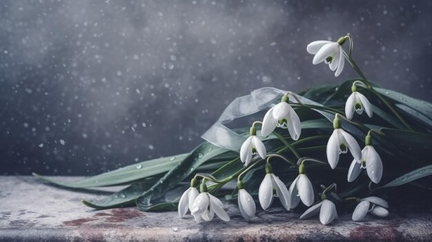 Bouquet de perce-neige avec ruban bleu sur fond gris ai générative